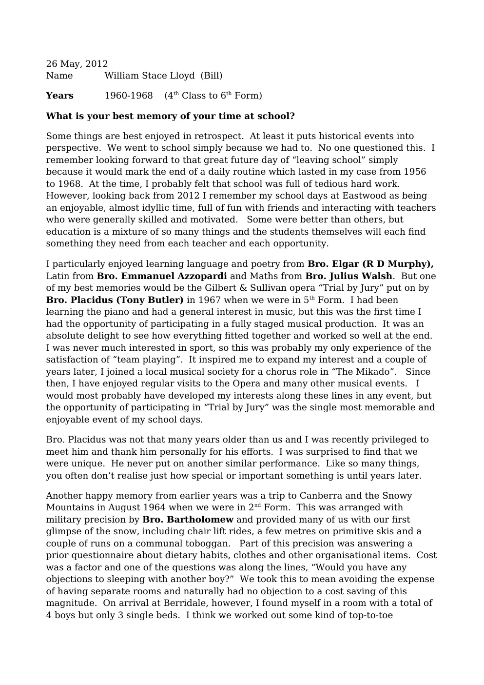 Bill Lloyd Marist Memoirs — page 1